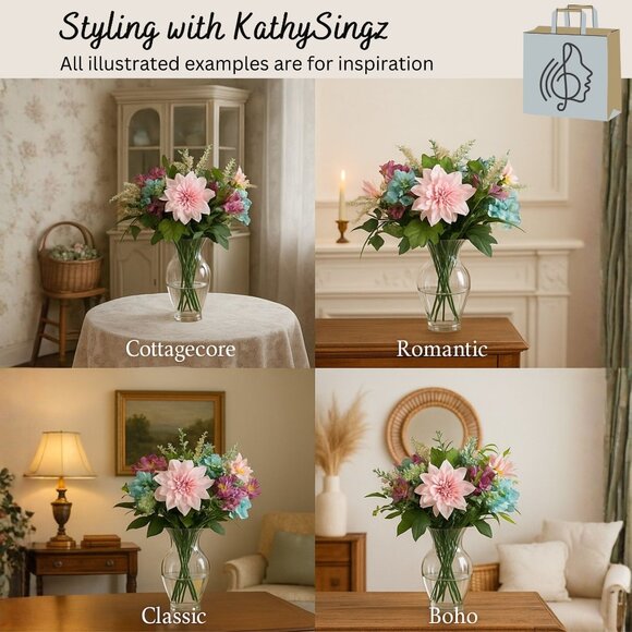 Upcycled Handcrafted Artificial Floral Arrangement Blue Green Pink Flowers OOAK - Picture 5 of 17